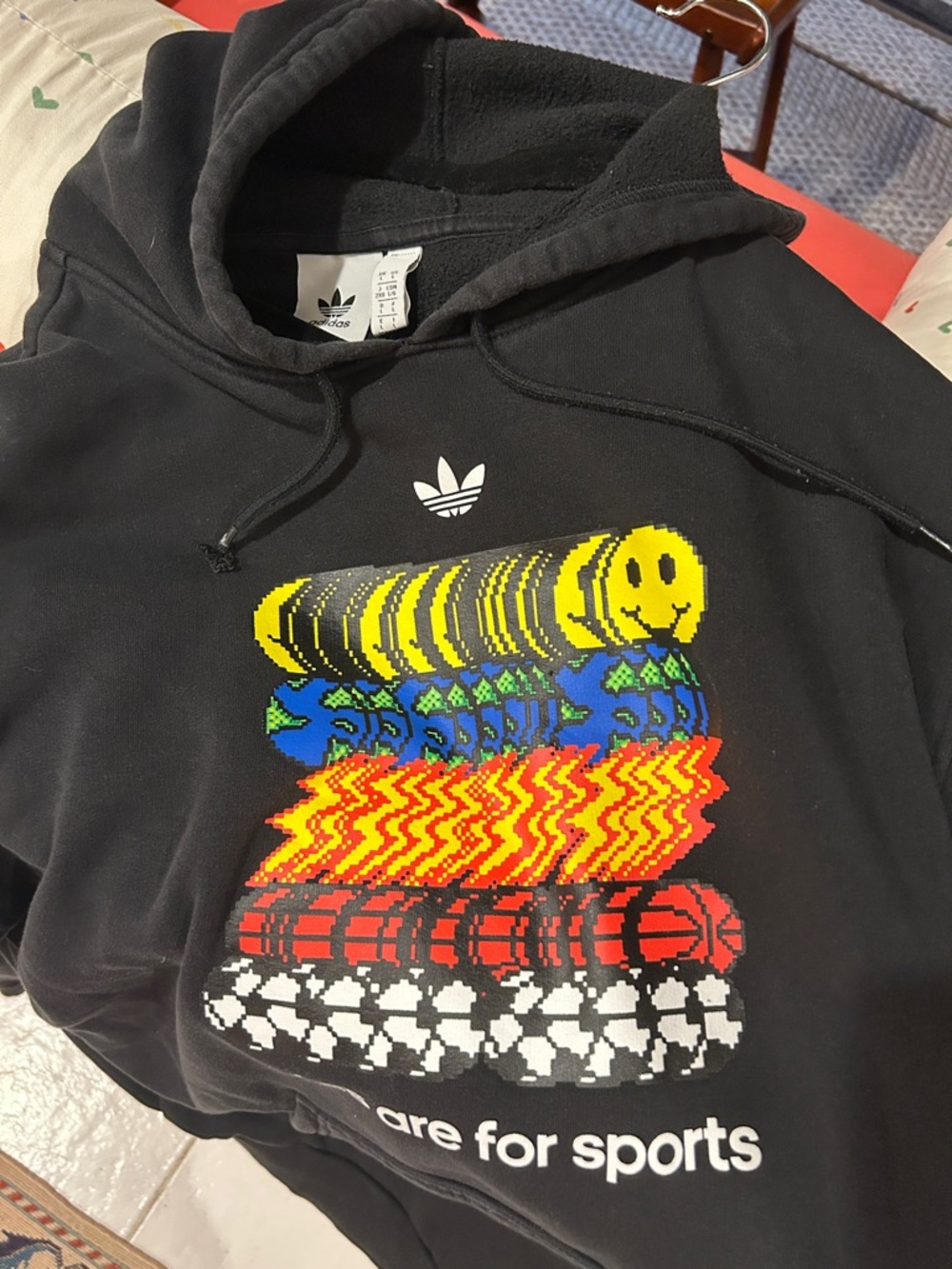 adidas Black Hoodie w Multicolor Pixel Stack Graphic. Rules are for sports.  L.